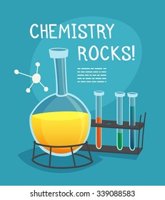 Chemical laboratory cartoon concept with flask  tubes and molecule model vector illustration