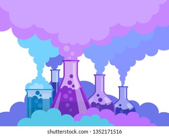 Chemical laboratory. Colorful smoke coming out from the flasks and test tubes. Vector illustration, flat cartoon style, background. Horizontal view.