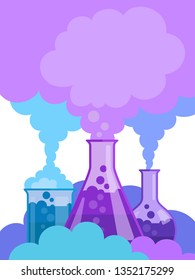 Chemical laboratory. Colorful smoke coming out from the flasks and test tubes. Chemical experiment. Vector illustration, flat cartoon style, isolated background. Vertical view.