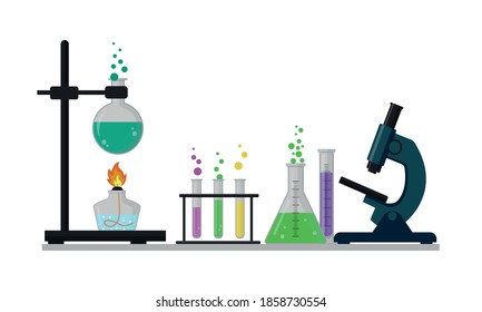 Chemical laboratory concept with test tubes, microscope and alcohol burner. Science, education, chemistry, test, experiment. Vector illustration on white background.