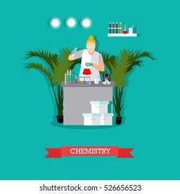 Chemical laboratory concept vector illustration in flat style. Chemist woman in protective clothes, glasses and gloves is testing chemical elements. Laboratory interior and glassware.