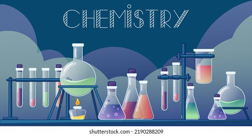 Chemical Laboratory with different glass flasks, vials, test-tubes with substance and reagents. Lab research, testing, studies in chemistry, physics, biology. Flat illustration. Background for poster.