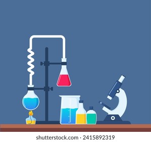 Laboratorio químico con diferentes frascos de vidrio, viales, tubos de ensayo con sustancias y reactivos. Investigación de laboratorio, pruebas, estudios en química, física, biología. Cartel, afiche. Ilustración del vector