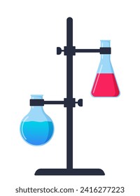 Chemical Laboratory with different glass flasks, vials, test-tubes with substance and reagents. Lab research, testing, studies in chemistry, physics, biology. Banner, poster. Vector illustration