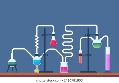 Chemical Laboratory with different glass flasks, vials, test-tubes with substance and reagents. Lab research, testing, studies in chemistry, physics, biology. Banner, poster. Vector illustration