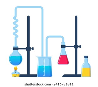 Chemical Laboratory with different glass flasks, vials, test-tubes with substance and reagents. Lab research, testing, studies in chemistry, physics, biology. Banner, poster. Vector illustration