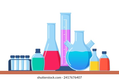 Laboratorio químico con diferentes frascos de vidrio, viales, tubos de ensayo con sustancias y reactivos. Investigación de laboratorio, pruebas, estudios en química, física, biología. Cartel, afiche. Ilustración del vector