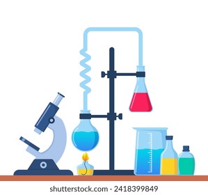 Chemical Laboratory with different glass flasks, vials, test-tubes with substance and reagents. Lab research, testing, studies in chemistry, physics, biology. Banner, poster. Vector illustration