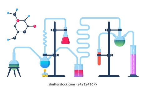 Chemical Laboratory with different glass flasks, vials, test-tubes with substance and reagents. Lab research, testing, studies in chemistry, physics, biology. Banner, poster. Vector illustration