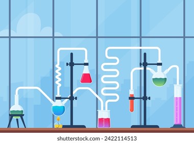 Chemical Laboratory with different glass flasks, vials, test-tubes with substance and reagents. Lab research, testing, studies in chemistry, physics, biology. Banner, poster. Vector illustration