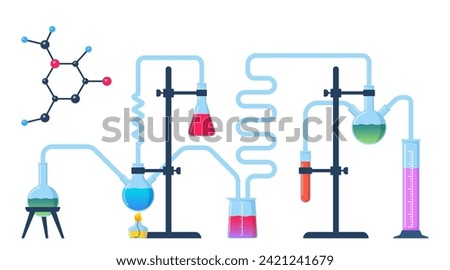 Chemical Laboratory with different glass flasks, vials, test-tubes with substance and reagents. Lab research, testing, studies in chemistry, physics, biology. Banner, poster. Vector illustration