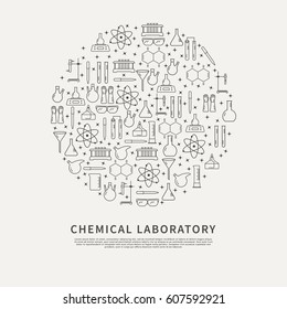 Chemical laboratory equipment brochure template. Circle poster with vector linear icons for research in chemistry.