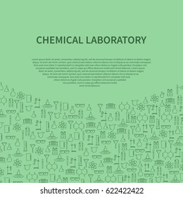 Chemical laboratory equipment brochure template. Oval poster with vector linear icons for research in chemistry.