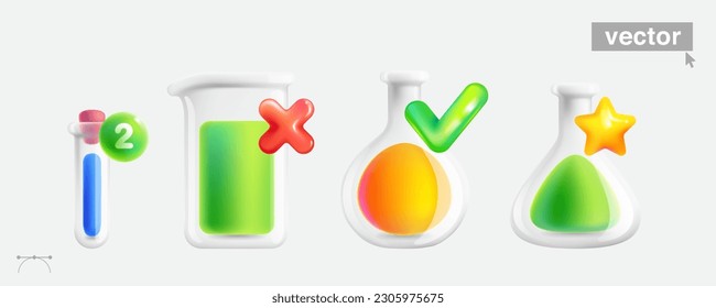 Chemical laboratory equipment with checkmark, star, cross, and sphere icons. Realistic 3D render glass tubes set, flasks on book. Scientific biotech glassware set. Vector cartoon plastic style.