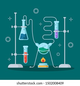 Chemical laboratory and equipment for the experiment. Science and  education concept. Glass flasks and test tubes with liquids, reagents, solutions, alchogol burner. Vector illustration 