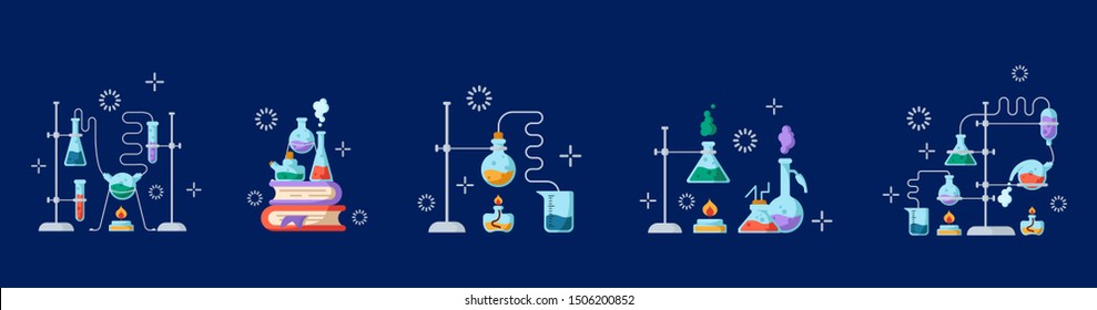 Chemical laboratory and equipment for the experiment. Science and education concept. Glass flasks and test tubes with liquids, reagents, solutions. Stuff for chemistry lesson. Set vector 