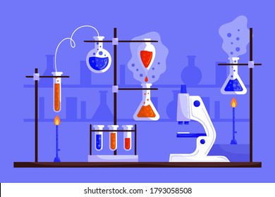 Chemical laboratory equipment for experiments. Vials, glass flask, test-tubes with substance and reagents. School chemistry laboratory, educational concept vector illustration. Lab research. 