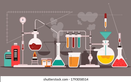 Chemical laboratory equipment for experiments. Vials, glass flask, test-tubes with substance and reagents. School chemistry laboratory, educational concept vector illustration. Lab research. 