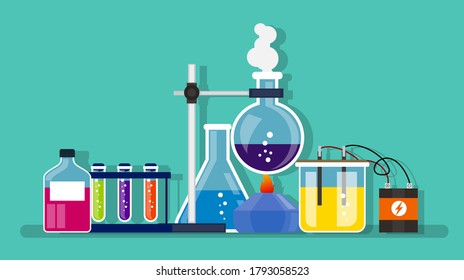 Chemical laboratory equipment for experiments. Vials, glass flask, test-tubes with substance and reagents. School chemistry laboratory, educational concept vector illustration. Lab research. 