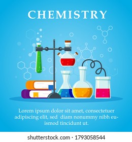 Chemical laboratory equipment for experiments. Vials, glass flask, test-tubes with substance and reagents. School chemistry laboratory, educational concept vector illustration. Lab research. 