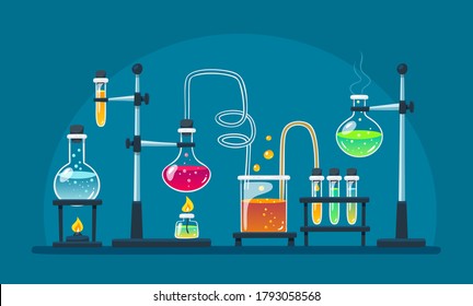 Chemical laboratory equipment for experiments. Vials, glass flask, test-tubes with substance and reagents. School chemistry laboratory, educational concept vector illustration. Lab research. 