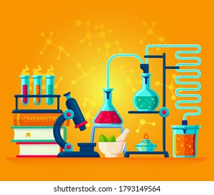 Chemical laboratory equipment for experiments. Vials, glass flask, test-tubes with substance and reagents. School chemistry laboratory, educational concept vector illustration. Lab research. 