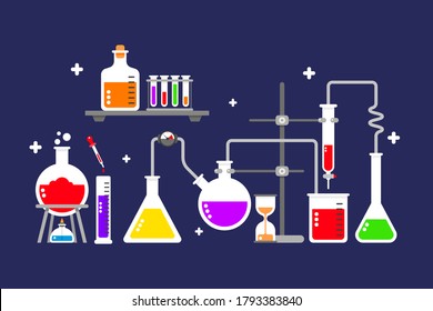 Chemical laboratory equipment for experiments. Vials, glass flask, test-tubes with substance and reagents. School chemistry laboratory, educational concept vector illustration. Lab research. 
