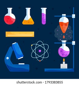 Chemical laboratory equipment for experiments. Vials, glass flask, test-tubes with substance and reagents. School chemistry laboratory, educational concept vector illustration. Lab research. 
