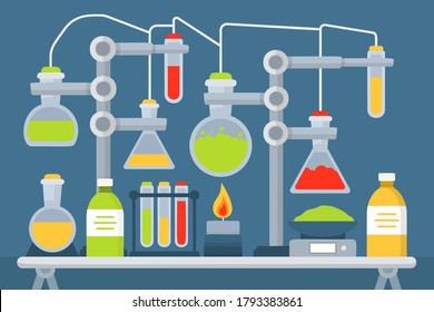 Chemical laboratory equipment for experiments. Vials, glass flask, test-tubes with substance and reagents. School chemistry laboratory, educational concept vector illustration. Lab research. 