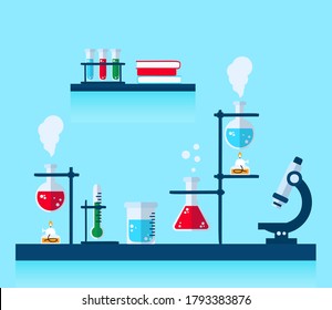Chemical laboratory equipment for experiments. Vials, glass flask, test-tubes with substance and reagents. School chemistry laboratory, educational concept vector illustration. Lab research. 