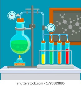 Chemical laboratory equipment for experiments. Vials, glass flask, test-tubes with substance and reagents. School chemistry laboratory, educational concept vector illustration. Lab research. 