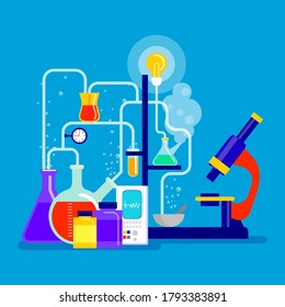 Chemical laboratory equipment for experiments. Vials, glass flask, test-tubes with substance and reagents. School chemistry laboratory, educational concept vector illustration. Lab research. 