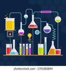 Chemical laboratory equipment for experiments. Vials, glass flask, test-tubes with substance and reagents. School chemistry laboratory, educational concept vector illustration. Lab research. 