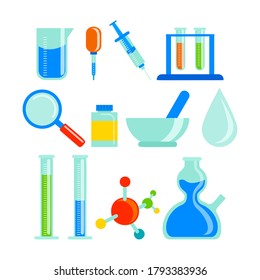 Chemical laboratory equipment for experiments. Vials, glass flask, test-tubes with substance and reagents. School chemistry laboratory, educational concept vector illustration. Lab research. 
