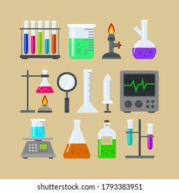 Chemical laboratory equipment for experiments. Vials, glass flask, test-tubes with substance and reagents. School chemistry laboratory, educational concept vector illustration. Lab research. 