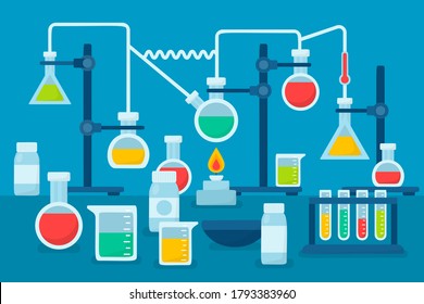 Chemical laboratory equipment for experiments. Vials, glass flask, test-tubes with substance and reagents. School chemistry laboratory, educational concept vector illustration. Lab research. 