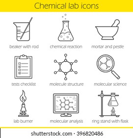 Chemical laboratory equipment linear icons set. Beaker with rod, chemical reaction, test checklist. Molecule structure, lab burner. Chemistry lab tools. Thin line. Isolated vector illustrations