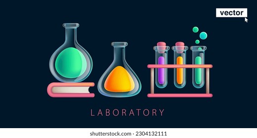 Equipo de laboratorio químico. Tubos de vidrio de renderización 3D realistas, frascos en un libro. Conjunto de cristalería científica. Estilo plástico de dibujos animados. Educación, Biotecnología, Medicina, Diseño Farmacéutico para banner web.