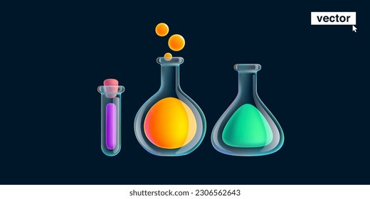 Equipo de laboratorio químico. Tubo de vidrio de representación 3D, matraz y vaso de precipitado. Conjunto de cristalería científica. Estilo plástico de dibujos animados. Educación, Biotecnología, Medicina, Farmacia arte para banners web