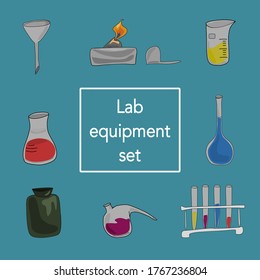 Chemical laboratory equipment set of 8 items (burner, test-tube, dropper, flask, bottle, funnel, beaker, retort).