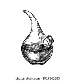 Chemical laboratory equipment sketch. Hand-sketched glass beaker illustration. Chemical and alchemical lab glassware drawing. Vector beaker for science experiments or alchemy.