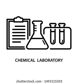 Chemical laboratory. Erlenmeyer flask, test tube and board List icons. Stroke outline style. Vector. Isolate on white background.