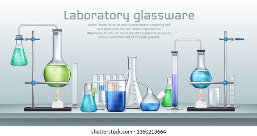 Chemical laboratory experiment 3d realistic vector concept. Lab graduated glassware filled with different color reagents, lab flasks connected with test tubes heating by alcohol burner illustration