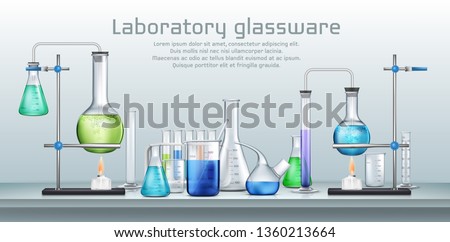 Chemical laboratory experiment 3d realistic vector concept. Lab graduated glassware filled with different color reagents, lab flasks connected with test tubes heating by alcohol burner illustration