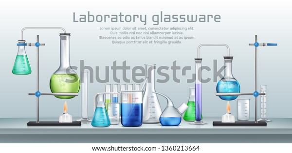 化学実験室での実験3dのリアルなベクター画像コンセプト 様々な色の試薬を詰め込んだ研究室用ガラス製品 アルコールバーナーイラスト で加熱された試験管に接続した研究室用フラスク のベクター画像素材 ロイヤリティフリー