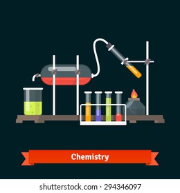 Chemical laboratory experiment and glassware. Flat vector icons.