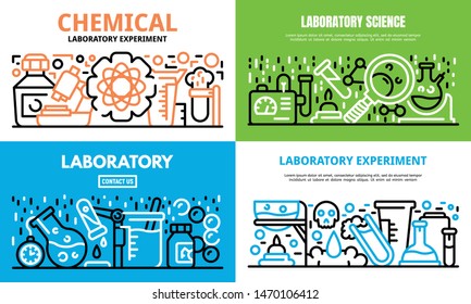 Chemical laboratory experiment science banner set. Outline set of chemical laboratory experiment science vector banner for web design