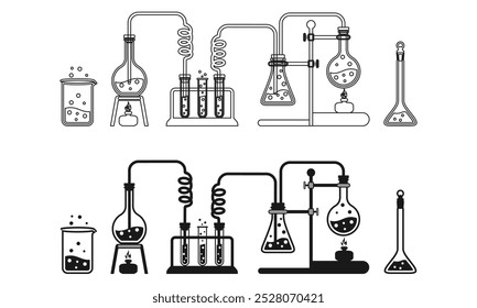 Experimento de laboratorio químico establece la Ilustración vectorial aislada sobre fondo blanco.