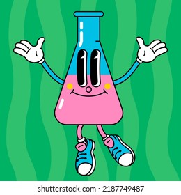 Chemical laboratory flask cartoon character in retro style. Vector cute illustration in flat vintage comic design.