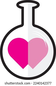 Icono del matraz químico de laboratorio con dos corazones en él, diseñado profesionalmente sobre un fondo blanco